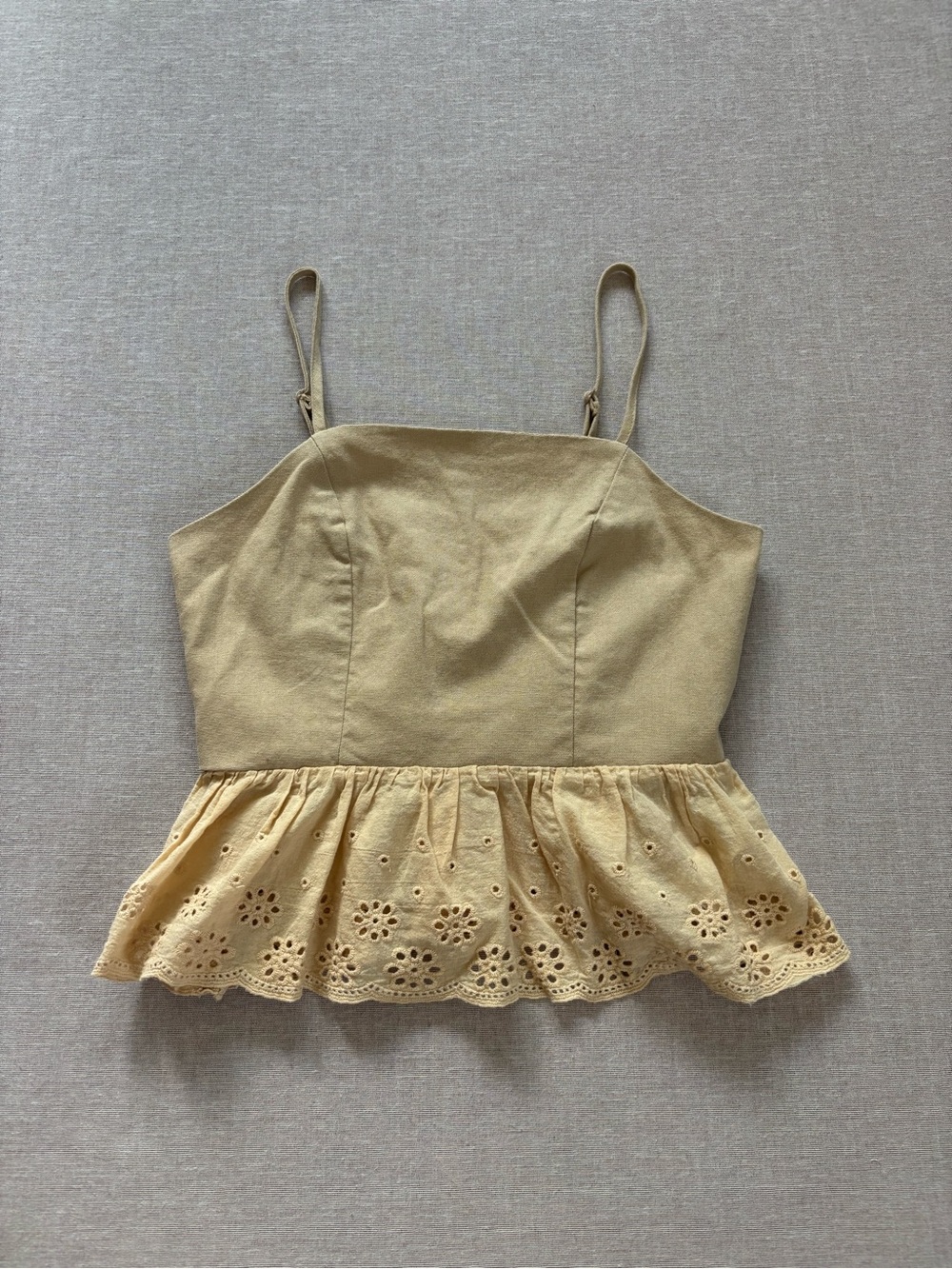 Linen tan embroidered crochet boho peasant peplum tank top
